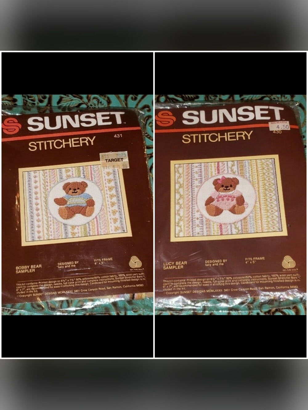 Vintage Sunset Stitchery "Bobby Bear & Lucy Bear Sampler" Mini Cross-Stitch Kits